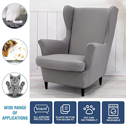 NILUOH Wingback Chair Cover 2-Piece Soft Stretch Wing Chair Slipcover Solid Color Armchair Sofa Couch Cover Furniture Protector with Elastic Bottom for Living Room Bedroom (Light Grey) - color: Light Grey