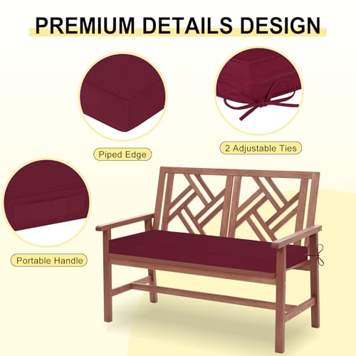 downluxe Outdoor Bench Cushion Waterproof, 59 x 18 Inch Patio Furniture Cushions with Adjustable Ties & Portable Handle, Porch Swing Cushions, Bench Cushions for Outdoor Furniture, Burgundy - color: Burgundy, size: 59x18x3 Inch