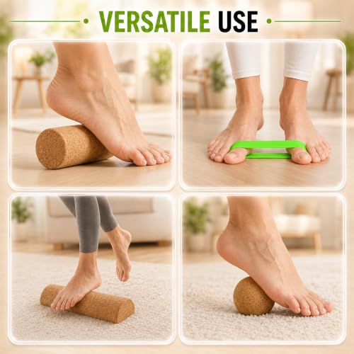 Cork Balance Board & Foot Roller Set, Ankle Strengthener for Yoga | Relieves plantar fascia tension, includes massage ball & toe resistance bands, built-in storage, physical therapy equipment
