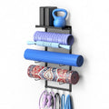 Yoga Mat Holder Wall Mount for Home Gym Accessories Storage | Yoga Mat Storage Rack & Organizer with Metal Shelf and 5 Hooks for Strap, Resistance Bands - Space Saving Gym Accessories
