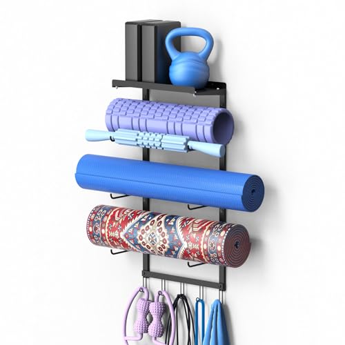 Yoga Mat Holder Wall Mount for Home Gym Accessories Storage | Yoga Mat Storage Rack & Organizer with Metal Shelf and 5 Hooks for Strap, Resistance Bands - Space Saving Gym Accessories
