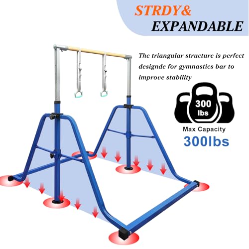 Foldable & Moveable Gymnastics Horizontal Bar with Rings,3’to 5’Adjustable Height Expandable Junior Kip Bar for Home,Indoor Gym Equipment for Kids - style: Foldable DarkBlue with Rings