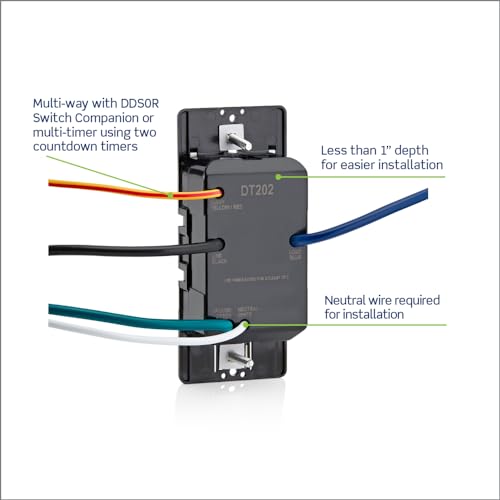 Leviton Countdown Switch for lights, attic, heaters, pool pumps, 15-30 min, 1-2 hour, Neutral Wire Required, 20A, 1 HP/16A Fan/Motor, Single Pole, Multi-Way or Multi-Timer, DT202-1LW, White - style: 1-2 hour, Neutral Wire Required