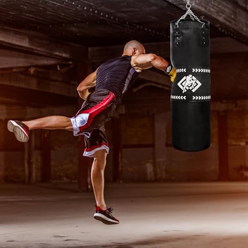 ZOOFOX Punching Bag for Adults, 4 Ft Heavy Bag with Chains and Hand Wraps for Beginners, 5-in-1 Boxing Bag for Kickboxing, MMA, Muay Thai, Karate, Home Gym or Fitness, Unfilled