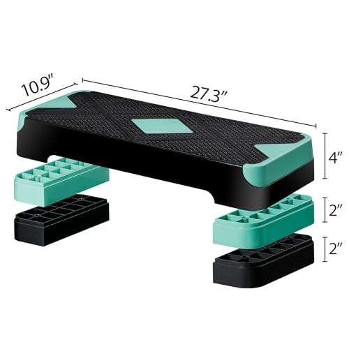 JupiterForce 26.5" Height Adjustable Step Aerobic Platform with 4 Risers, Exercise Workout Stepper for Home Training, Gym Fitness, 4''- 6'' - 8'', 400 lbs Capacity - color: Green