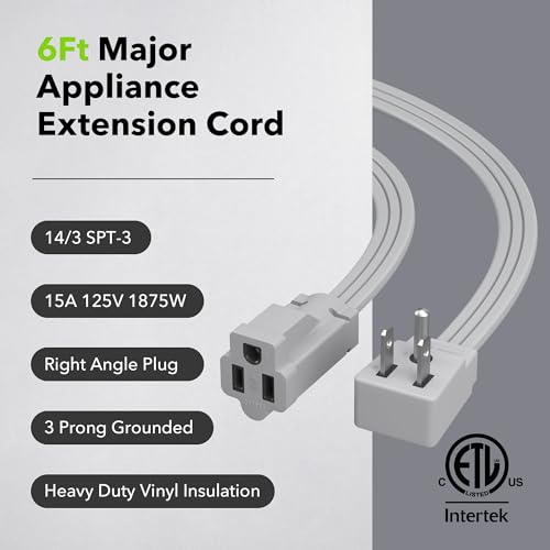 BN-LINK 6ft Air Conditioner Extension Cord, 14 Gauge Heavy Duty Power Cord, Gray, 3 Prong Grounded Flat Plug, 15 Amps, for Indoor Air Conditioner, Refrigerator and All Major Appliances - color: Gray, size: 6FT