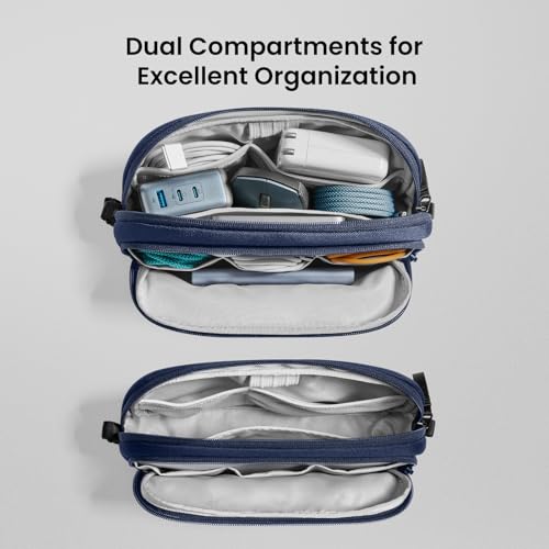 tomtoc Electronic Organizer Travel Case, Water Resistant Dual Compartment Tech Pouch Cable Organization Storage Bag for Charger, Cord, Phone, Hard Drive, Power Bank, Accessories Travel Essentials - color: Navy Blue, size: Medium