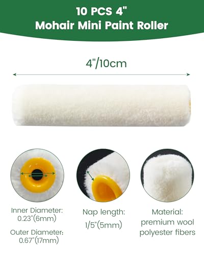 Voomey Mohair Mini Paint Roller, 4 Inch Wool Blend Small Paint Roller Covers 10 Pack, Paint Roller 4 Inch for Cabinets, Trim, Skirting Boards, Tables & Chairs, Suitable for All Paints - style: 4 inch（Mohair Mini Paint Roller） 10 pack