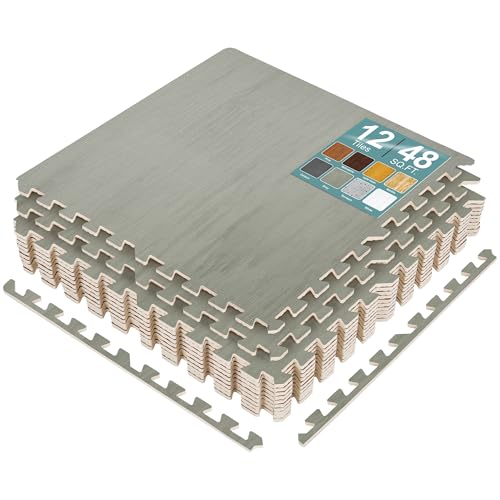 Sorbus 48 Sq. Ft. Wood Grain Floor Tiles Foam Mat EVA Interlocking Mats Tile 3/8-Inch Thick Flooring Wood Puzzle Exercise Mats w/Borders - Home Playroom Basement, Apartment, Trade Show, Baby, Dance - color: Grey, size: 12 Pack