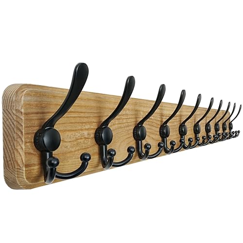 Dseap Coat Rack Wall - Heavy-Duty 38-1/4" Long, with Reinforced 10 Custom Tri-Hooks, Solid Wood Wall Hanger for Coats Hat Jackets - Rustic Farmhouse Entryway Hallway Storage, Weathered Brown & Black - color: Weathered Brown & Black, size: L=38.3"