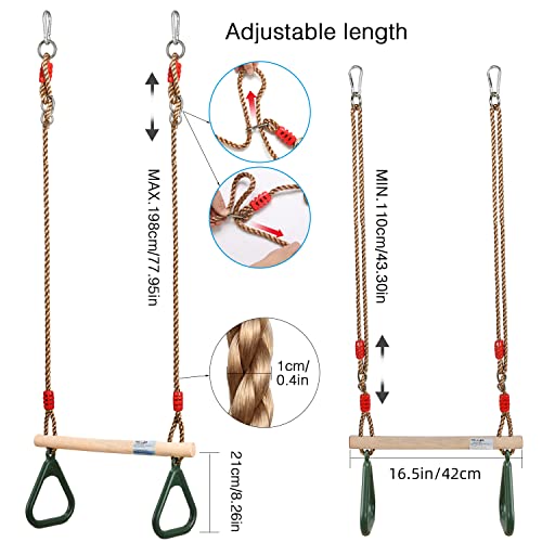 PELLOR Playground Children's Wooden Trapeze Swing Bar with Plastic Gym Rings Swing Set for Indoor & Outdoor Fun - color: Green