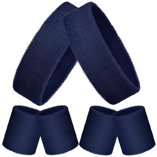 Bememo 6 Pcs Neon Sports Sweatbands Set Sports Competitions Sweatbands 2 Headband 4 Wristbands Breathable Terry Cloth Athletic Bands for Team Soccer Spirit 80s Costumes Cosplay - color: Navy Blue