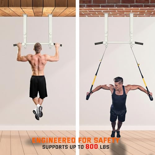Ceiling Mount Pull Up Bar for Garage/Basement/Rafter - Heavy Duty 800LBS Adjustable Height Multi-Grip Chin Up Bar,Ceiling Joist/Beam - color: White