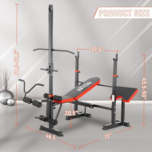 MAIDOMA 8 IN 1 Standard Weight Bench Set with Leg Extension and Leg Curl, Fast Folding & Adjustable Workout Bench for Home Gym,Adjustable Bench Press with Squat Rack.（US Stock） - color: coarl red
