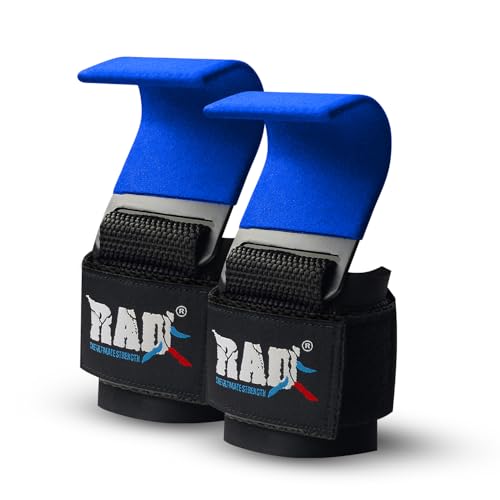 RAD Weight Lifting Hooks (Pair) Comfortable Anti-Rip Nylon Strap Extra Strong Hand Grips for Men & Women Powerlifting Heavy Duty Thick Wrist Padding Gym Workout Enhancer for Power Deadlift Pull Up - color: Blue