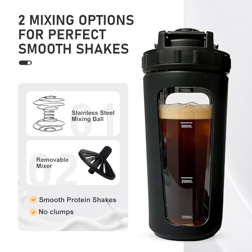 26oz Glass Protein Shaker Bottle, Stainless Steel Mixing Ball & Silicone Sleeve, Odorless, Leak-Proof, BPA-Free, Ideal for Smoothies & Workout Drinks (Graphite Black) - color: Graphite Black