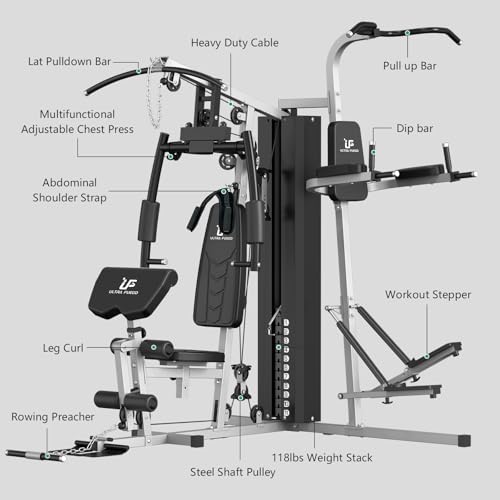 ULTRA FUEGO Multifunctional Home Gym Equipment Workout Station with Pulley System, Arm, and Leg Developer for Full Body Training - style: 118lb Black Home Gym Station with Power Tower