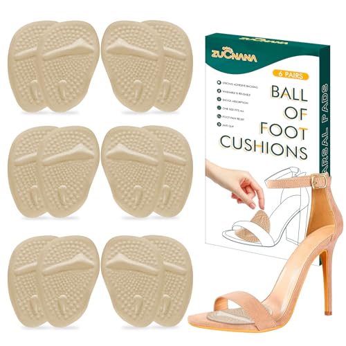 ZUCNANA Ball of Foot Cushions (Beige) | Metatarsal Pads for Women (6 Pairs Foot Pads) | Reusable Shoe Inserts for Pain Relief | Non-Slip Heel Cushion Inserts Best for Neuroma and Callus - color: Beige