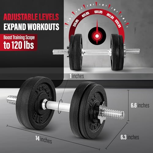 Yes4All Old School Adjustable Dumbbell Set with Weight Plates, Star Lock Collars/Connector, 40lbs to 200lbs Adjustable Weight Plates Set - color: F. Barbell 60LB or 30LB Dumbbell Pair - Black