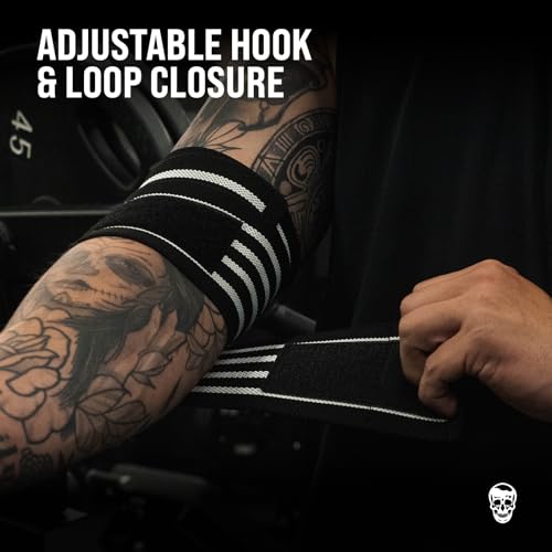 Gymreapers Weightlifting Elbow Wraps (1 Pair) - Flexible 40'' Elbow Compression Strap & Joint Support Brace - for Bench Press, Powerlifting, and Pressing - color: White