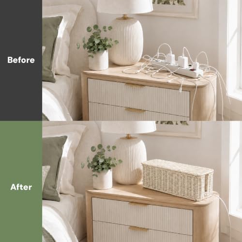 Cable Management Box, Handmade Rattan Cable Organizer with 2 Open Slots, Cord Hider for Power Strip, Router & USB Hub, Registered U.S. Design Patent (D1,112,102), 13" x 5.1" x 5.1", White - color: White, style: Rectangle