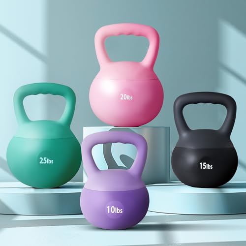 soges PVC One-Piece Kettlebell with Wide Handles, Strength Training Kettlebells 5lb to 35lb Optional for Women of Different Levels, Iron Sand Filled Soft Kettlebell - color: 25lbs - Purple