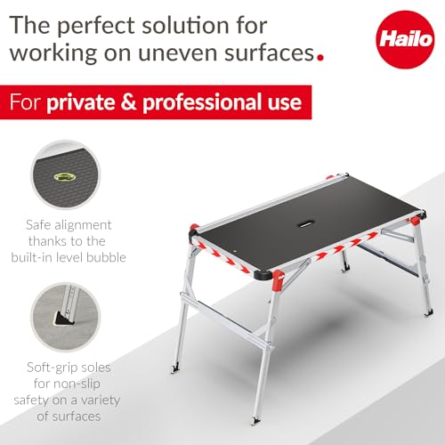 Hailo TP2 Plus | Work & Staircase Platform | Length and Height-Adjustable Telescopic Rails and feet | Integrated Bubble Level | for use with Step stools & stepladders - style: TP2 Plus (work platform)