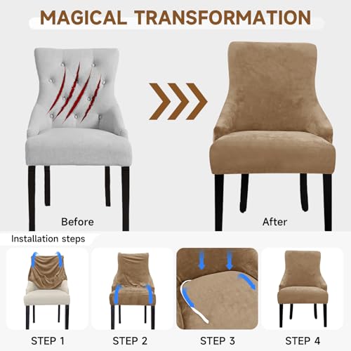 Velvet Wingback Dining Chair Cover Soft Stretch Accent Chair Cover Slipcover Thick Plush Wing Back Chairs Covers Furniture Protect Washable Chairs Protector Covers for Dining Room (Brown, 2) - color: Brown