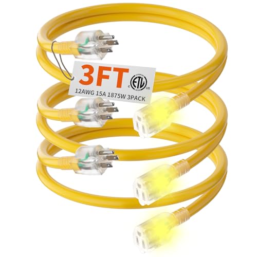HUANCHAIN 3 Pack 3 ft 12/3 Gauge Heavy Duty Outdoor Extension Cord Waterproof with Lighted, Flexible Cold Weather 3 Prong Electric Cord Outside, 15A 1875W 125V 12AWG, Yellow, ETL Listed - color: Yellow, size: 3FT-3pcs