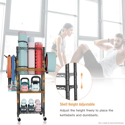 FUTASSI Home Gym Storage, 3 Tiers Workout Equipment Organizer with Wheels for Yoga Mats, Foam Roller, Dumbbells, Kettlebells, and Resistance Bands - color: Black, size: Single-Row