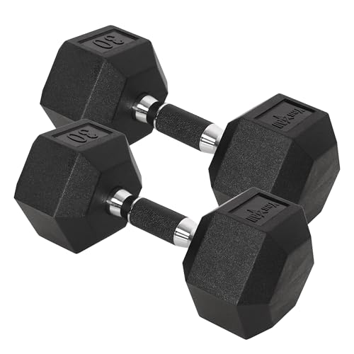 Yes4All Chrome/Rubber Grip Encased Hex Dumbbells – Hand Weights With Anti-Slip 10-30 LBS Pair - color: F. 30lbs - Pair, style: Rubber Grip