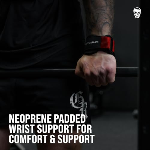 Gymreapers Weight Lifting Grips (Pair) for Heavy Powerlifting, Deadlifts, Rows, Pull Ups, with Neoprene Padded Wrist Wraps Support and Strong Rubber Gloves or Straps for Bodybuilding - color: Red, size: Large
