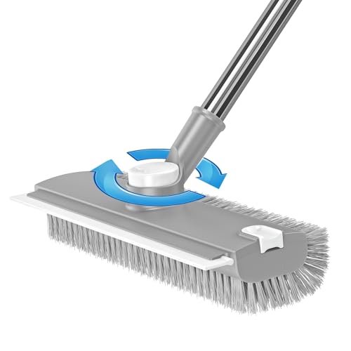 3 in 1 Floor Scrub Brush with Long Handle & Squeegee | Heavy-Duty, Adjustable, 360° Rotating Head for Cleaning Tile Bathroom Deck Kitchen Patio, Gray - color: Gray