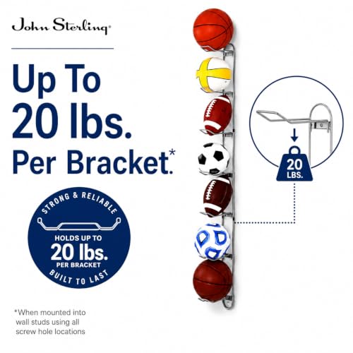 Knape & Vogt Wall Mounted Ball Rack for Garages | 7-Ball Capacity, 63-1/8 in. Tall, John Sterling Collection, Alloy Steel, Silver
