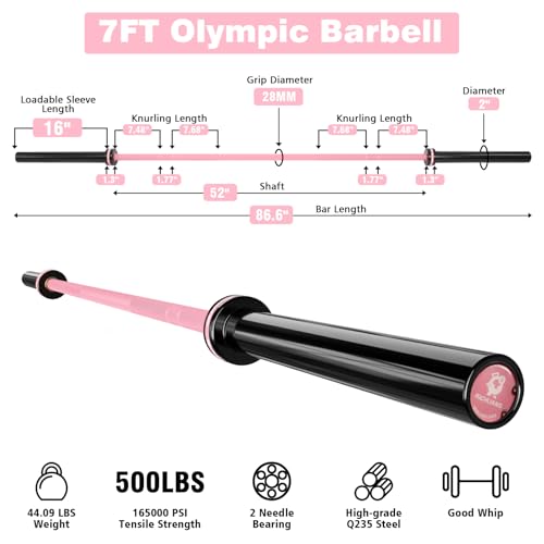 7ft Olympic Barbell 28mm 45lb – 500/700/1000LB Bar for Home Gym | Ceramic coated steel. Smooth spinning sleeves. Fits 2" plates. For snatch, clean and jerk, squats, deadlifts, bench press. - color: Pink-500LBS