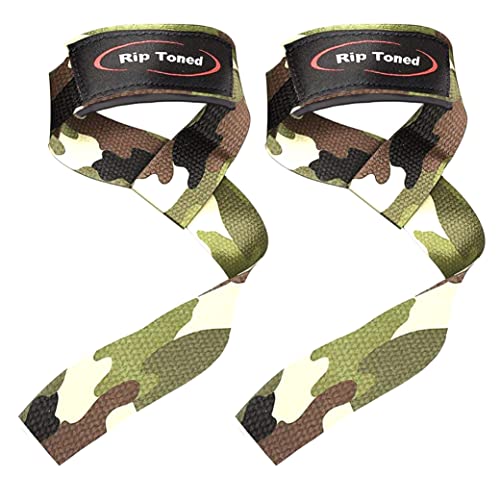Rip Toned Lasso Lifting Straps for Weightlifting, 23¼" Padded | 1 Pair, cotton, non-latex neoprene. No break-in. Quick release. Deadlifts, rows, shrugs, pull-ups. Machine washable. - color: Green Camo