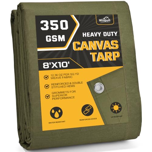 Winpull Heavy Duty Canvas Tarp 8x10 ft, 12oz (350 GSM) Cotton Canvas Water-Resistant Tarp with Rustproof Grommets, Tear-Resistant Outdoor Cover for Wood Piles, Camping, Trailer & Equipment - color: Olive Green, size: 8'x10'