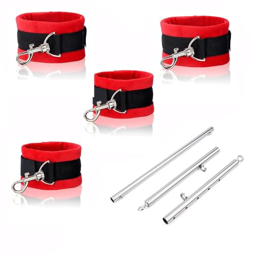 3 in 1 Heavy Duty Stainless Steel Expandable Spreader Bar with 4pcs PU Rose-Gold Adjustable Straps,Workout Bar for Home Gym Training Bar,Portable Detachable Pilates Kit - style: Silver+Red Furry Kit