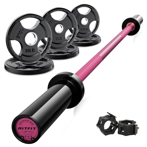 RitFit Barbell Weight Set - 4/6FT Olympic Barbell with Weight Plates (55-115LB Total) - Weightlifting Equipment for Squats, Curls, Deadlifts, Presses, Hip Thrusts - color: Black/Pink, size: 4FT With 35LB Plates