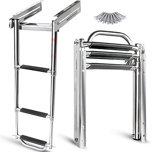 3-4 Step Ladder Under Platform Slide Mount Boat Boarding Ladder, Telescoping Ladder with a Carry Handle and Mounting Screws, Press-Type Spring Latch (3 Steps)