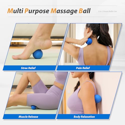 5 in1 Foam Roller Set, Trigger Point Foam Roller, Massage Roller Stick, Massage Ball, Resistance Band for Deep Muscle Massage Pilates Yoga,Fitness Exercise for Whole Body (Pure Blue) - color: Pure Blue