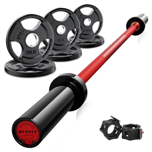 RitFit Barbell Weight Set - 4/6FT Olympic Barbell with Weight Plates (55-115LB Total) - Weightlifting Equipment for Squats, Curls, Deadlifts, Presses, Hip Thrusts - color: Black/Red, size: 4FT With 35LB Plates