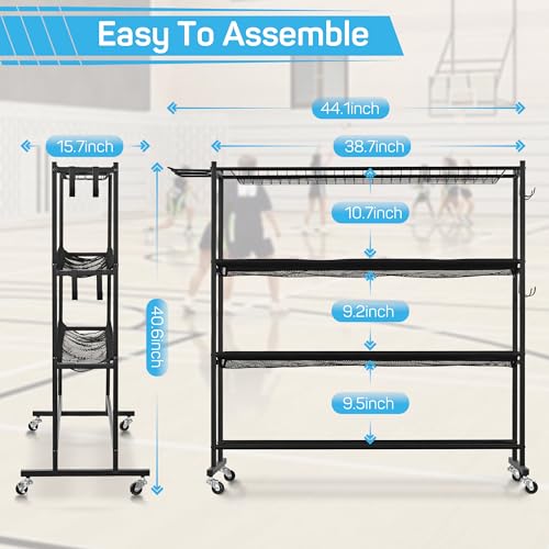 Mythinglogic Basketball Rack, Ball Storage with Baseball Bat Holder, Rolling Ball rack with Removable Nylon Mesh for Various Ball Sizes, Basketball Holder for Football Basketball Soccer Ball | Holds up to 12 sports balls with 2 removable nylon mesh shelve