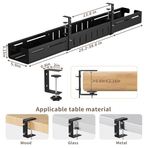 Under Desk Cable Management Tray, Expandable 25.2"– 38.6" No Drill with Clamp Mount Cord Management, Black Carbon Steel Cord Organizer for Desk, Home, Office