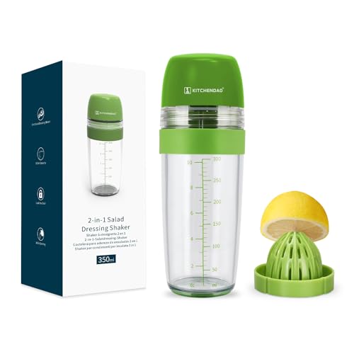 KITCHENDAO 2 in 1 Salad Dressing Shaker Container with Juicer, Pour Spout, Leakproof, Dishwasher Safe, BPA Free, Travel Homemade Oil and Vinegar Salad Dressing Bottle Mixer Dispenser, 1-1/2 Cups - color: Green