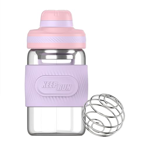Glass Shaker Bottle 12oz for Protein Mixes, Borosilicate Glass Shaker with Strainer and Silicone Sleeve (Salmon-Lilac) - color: Salmon-Lilac,12oz