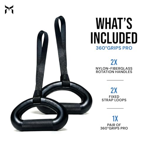 KENSUI 360 Grips Rotating Pull Up Handles, Pair | Rotating handles attach to bars, cables, bands and barbells for pull ups, rows, pulldowns and grip training