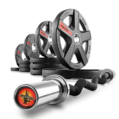XMARK Olympic Weight Set | TEXAS STAR Weight Set Rubber-Coated Olympic Weight Set With XMARK BLACKSMITH Barbell Bar, Barbell Weight Set, Weights, Barbell - color: 07) CURL BAR & 115 lb Weight Set