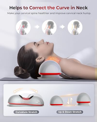 FliKEZE Heated Neck Stretcher with Red Light, Wireless Massager Pillow | 660nm/850nm Red Light, 3 Heat Levels & 5 Massage Modes, Ergonomic Design for Home Office Use to Relieve Neck Pain, Grey