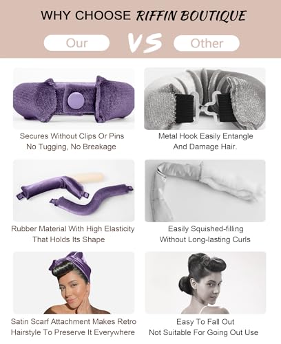 Grande Heatless Curls Overnight Rods - Upgraded Directional Grip Velvet - No Heat Hair Curlers to Sleep, Jumbo Large Hair Rollers Flexible Curling Rods Set for Long Thicker Coarser Hair Blowout Look - color: Plum